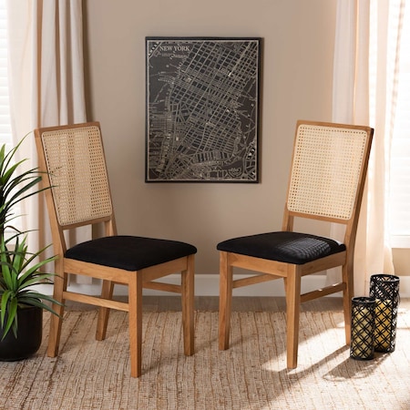 Baxton Studio Idris Mid-Century Black Fabric Upholstered and Oak brown Finished 2-Piece Rattan Dining Chair Set PR 199-2PC-12163-ZORO